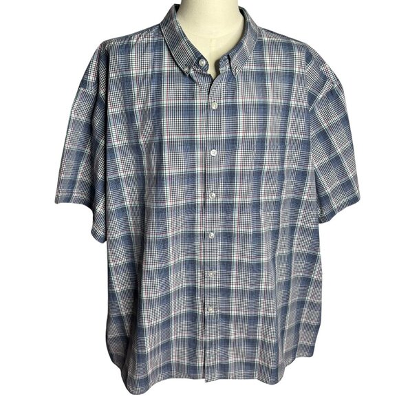 Van Heusen Never Tuck Plaid Button-Down Shirt 4XL Blue Red Short Sleeve Relax Fi - Picture 1 of 7